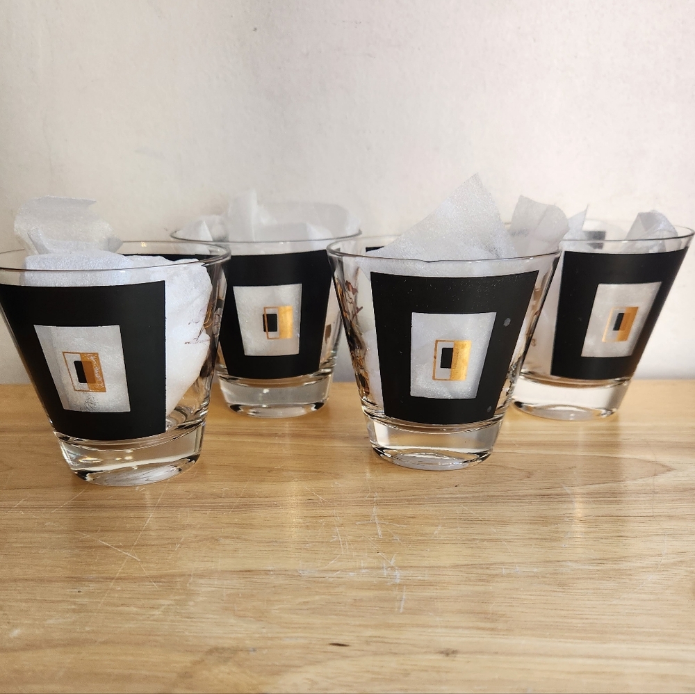4 Rare MCM Glasses Rock 1950s Cocktail Whiskey Fred Press Horse 22K Gold